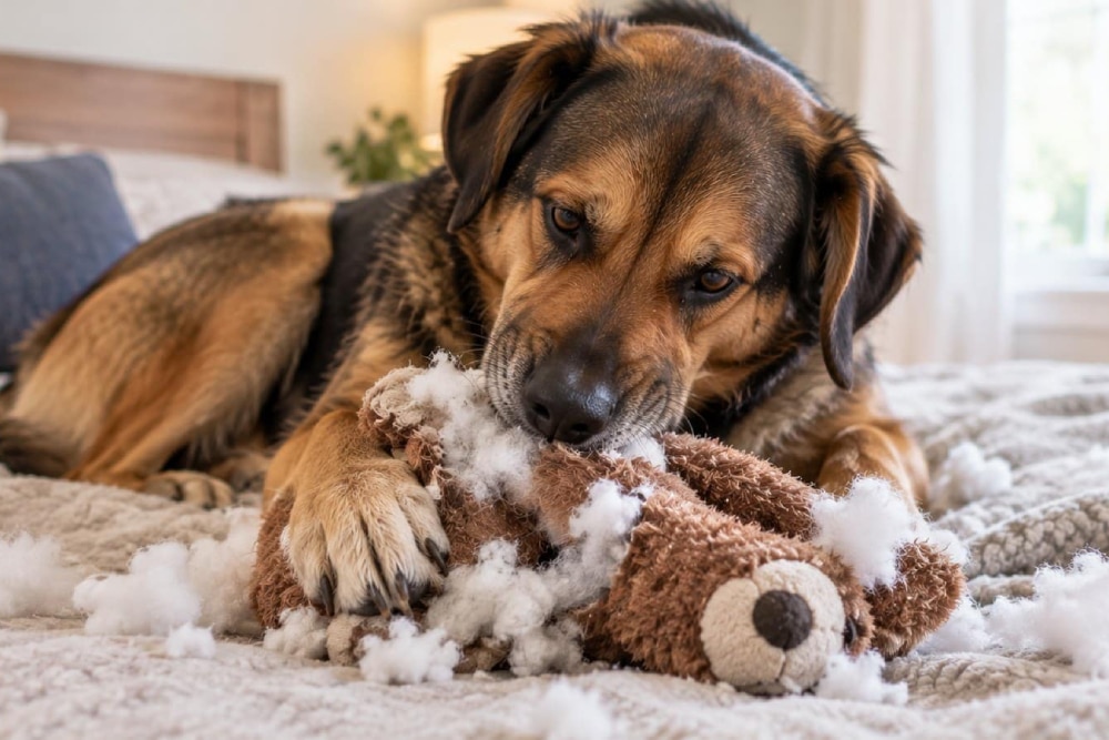 A black and tan dog on a bed chewing a shredded teddy bear toy with stuffing scattered around it.
