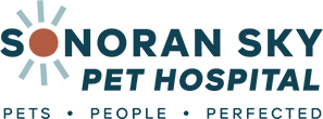 Logo for Sonoran Sky Pet Hospital featuring a sun design. Text reads "Sonoran Sky Pet Hospital" with the tagline "Pets • People • Perfected" beneath, embodying the warmth and care of our skilled veterinarians.