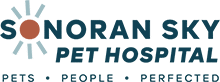 Logo for Sonoran Sky Pet Hospital. The letter "O" in "Sonoran" is represented by a sun design, symbolizing warm care by expert veterinarians. Text underneath reads "Pets • People • Perfected.