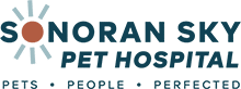 Logo for Sonoran Sky Pet Hospital. The letter "O" in "Sonoran" is represented by a sun design, symbolizing warm care by expert veterinarians. Text underneath reads "Pets • People • Perfected.
