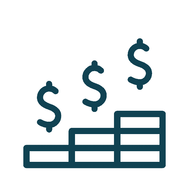 Icon of ascending bars resembling stairs, with three dollar signs rising above them. Symbolizes financial growth or increasing profits, ideal for a veterinarian looking to enhance their practice's revenue. Dark teal color on a transparent background.