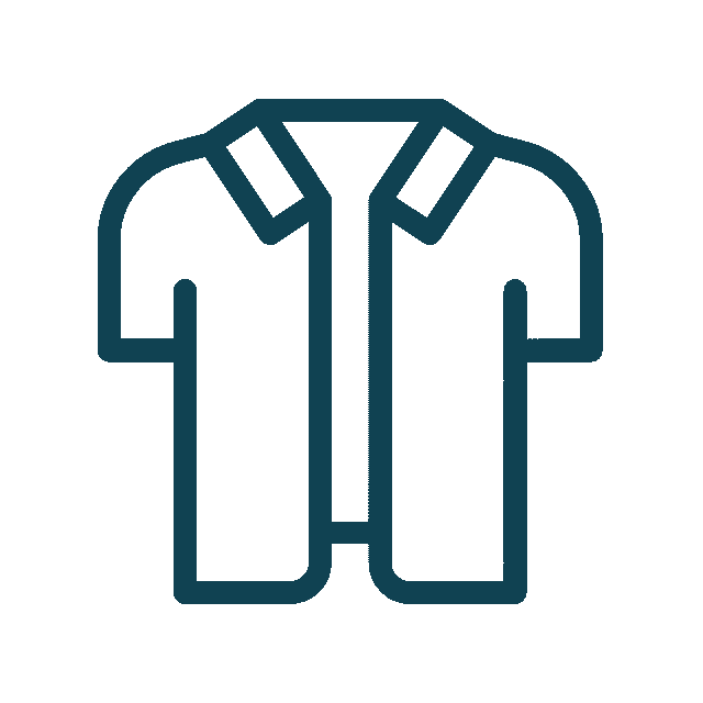Icon of an outlined short-sleeved shirt with a collar, depicted in a dark teal color. The minimalistic design, reminiscent of a veterinarian's uniform, is centered on a plain background.