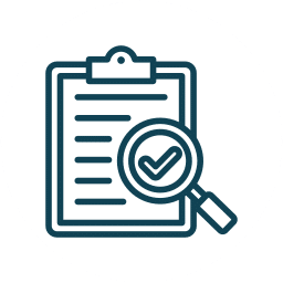 A clipboard with a checklist and a magnifying glass highlighting a checkmark, symbolizing inspection, review, or verification.