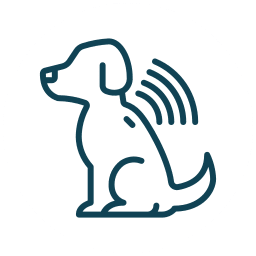 Simple line drawing of a sitting dog with curved lines near its back, suggesting barking, sound, or communication, on a white circular background.