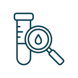 Icon of a test tube and a magnifying glass focusing on a droplet, representing laboratory analysis or scientific research.