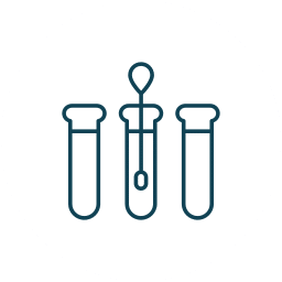 Three test tubes with a dropper above the middle tube, all depicted with simple dark blue outlines on a white circular background.