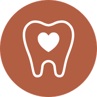 A white outline of a tooth with a heart shape inside it, set against a solid brown circular background.