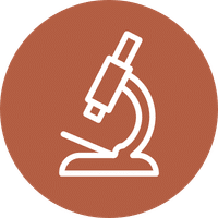 White line drawing of a microscope on a solid brown circular background.