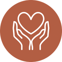 White line drawing of two hands gently holding a heart, centered on a solid brown circular background.