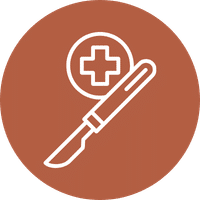 A white outline of a scalpel and a medical cross inside a circle, set against a solid brown circular background.
