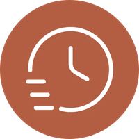 A white clock icon with motion lines on the left, suggesting speed, is centered on a circular brown background.