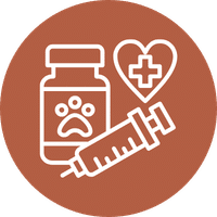 White line drawing of a vaccine vial with a paw print, a syringe, and a heart with a medical cross inside, all on a brown circular background, representing veterinary care or pet vaccination.