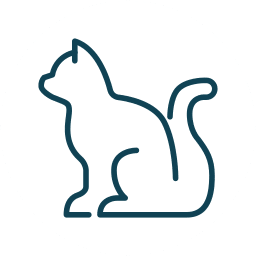 Simple line drawing of a cat sitting upright, shown in profile, with its tail curved upwards and a circular background.