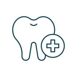 A simple line drawing of a tooth with a medical cross symbol in a circle beside it, representing dental health or dental care services.