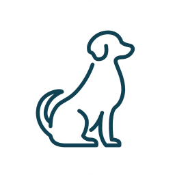 A simple, dark blue line drawing of a dog sitting upright, shown in profile, on a white circular background.