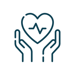 Two hands are open and raised, holding a heart symbol with an electrocardiogram (EKG) line inside, representing health care or medical support.