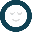 A simple graphic of a white circle with a dark blue border, featuring a peaceful, smiling face with closed eyes in the center.
