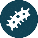 White bacteria icon with circular shapes and protruding spikes on a dark teal circular background.