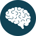 A simple white brain icon with curved lines, representing brain folds, centered on a dark blue circular background.