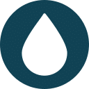 A simple icon of a white water droplet centered inside a dark teal circle on a light gray background.